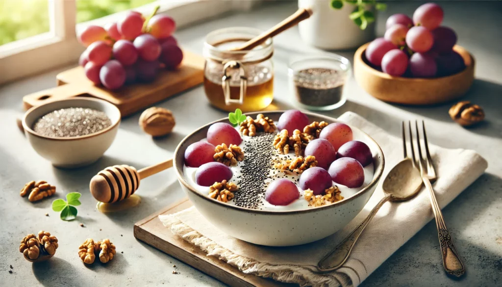 Délicieux petit déjeuné d'octobre avec raisin, noix et graines