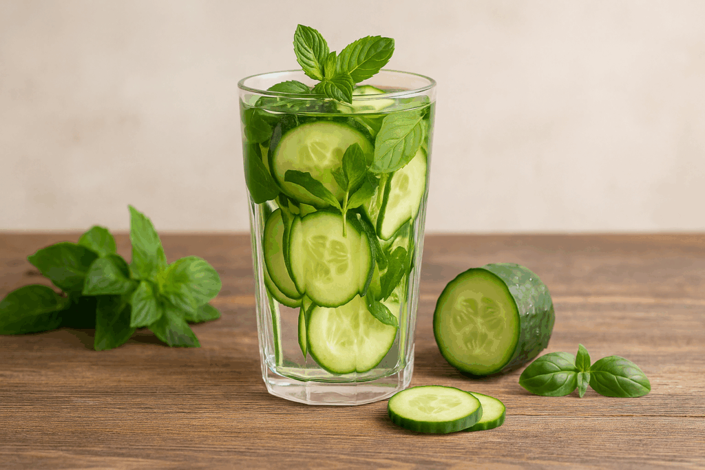 Eau concombre menthe basilic : boisson fraîche express