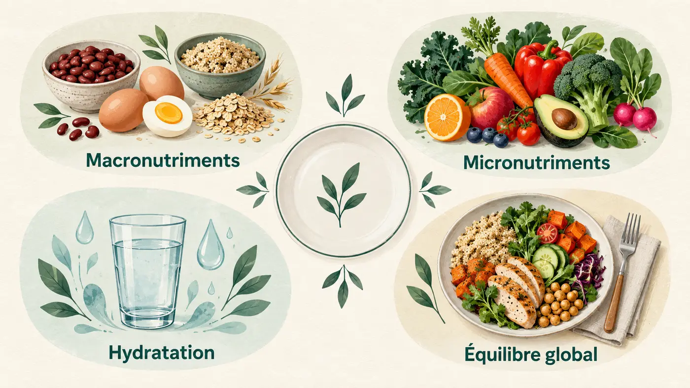 Illustration des quatre bases de la nutrition : macronutriments, micronutriments, hydratation et équilibre global