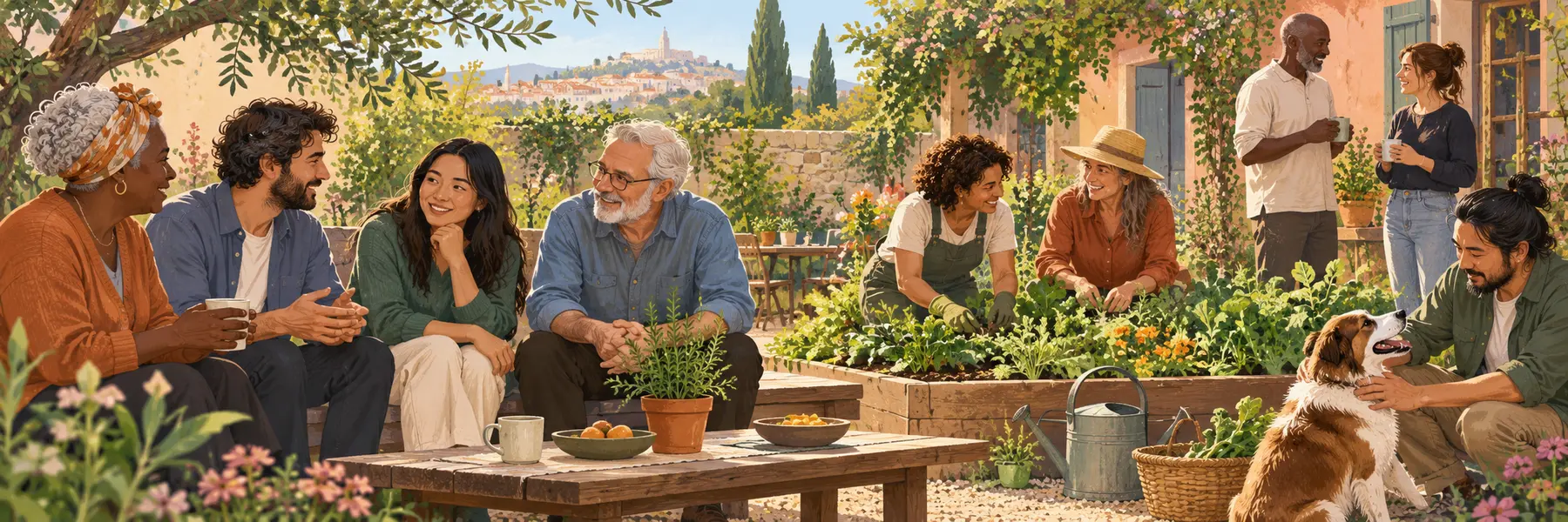Adultes de différents âges partageant un moment d’écoute, d’entraide et de convivialité