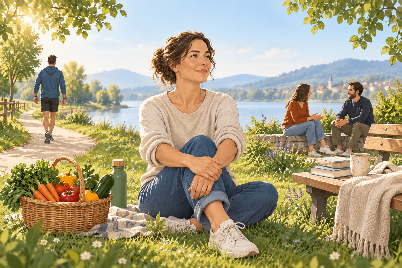 Une personne entourée d’activités physiques, d’aliments simples, de repos et de relations illustrant une approche globale de la santé