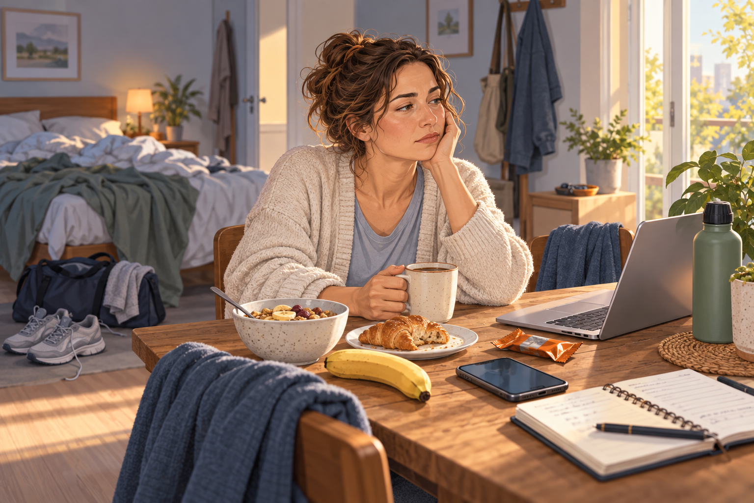 Une personne fatiguée après une mauvaise nuit avec son petit-déjeuner, ses chaussures de marche et son travail quotidien