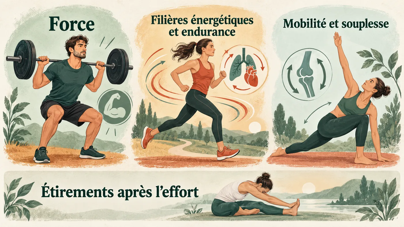 Les qualités physiques : force, filières énergétiques, endurance, mobilité, souplesse et étirements après l’effort