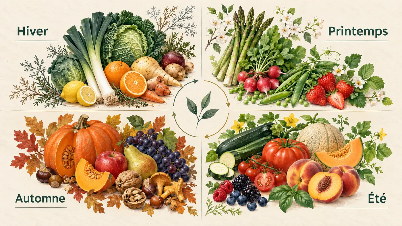 Fruits et légumes classés selon les quatre saisons : hiver, printemps, été et automne
