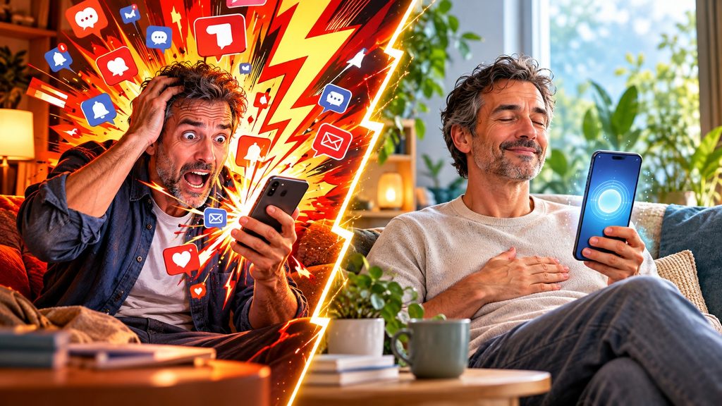 Téléphone provoquant une surcharge de notifications puis guidant une respiration apaisante.