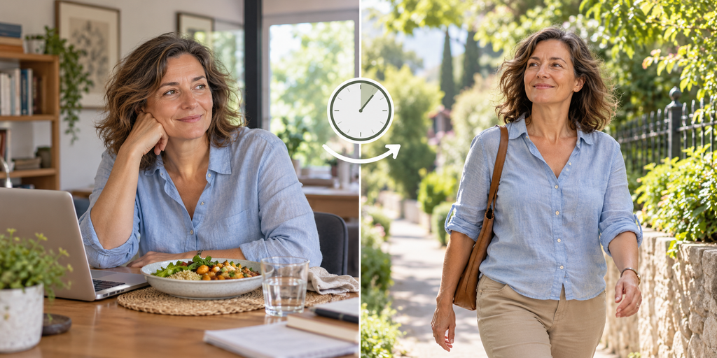 Femme comparant une période assise et une courte marche après le repas.