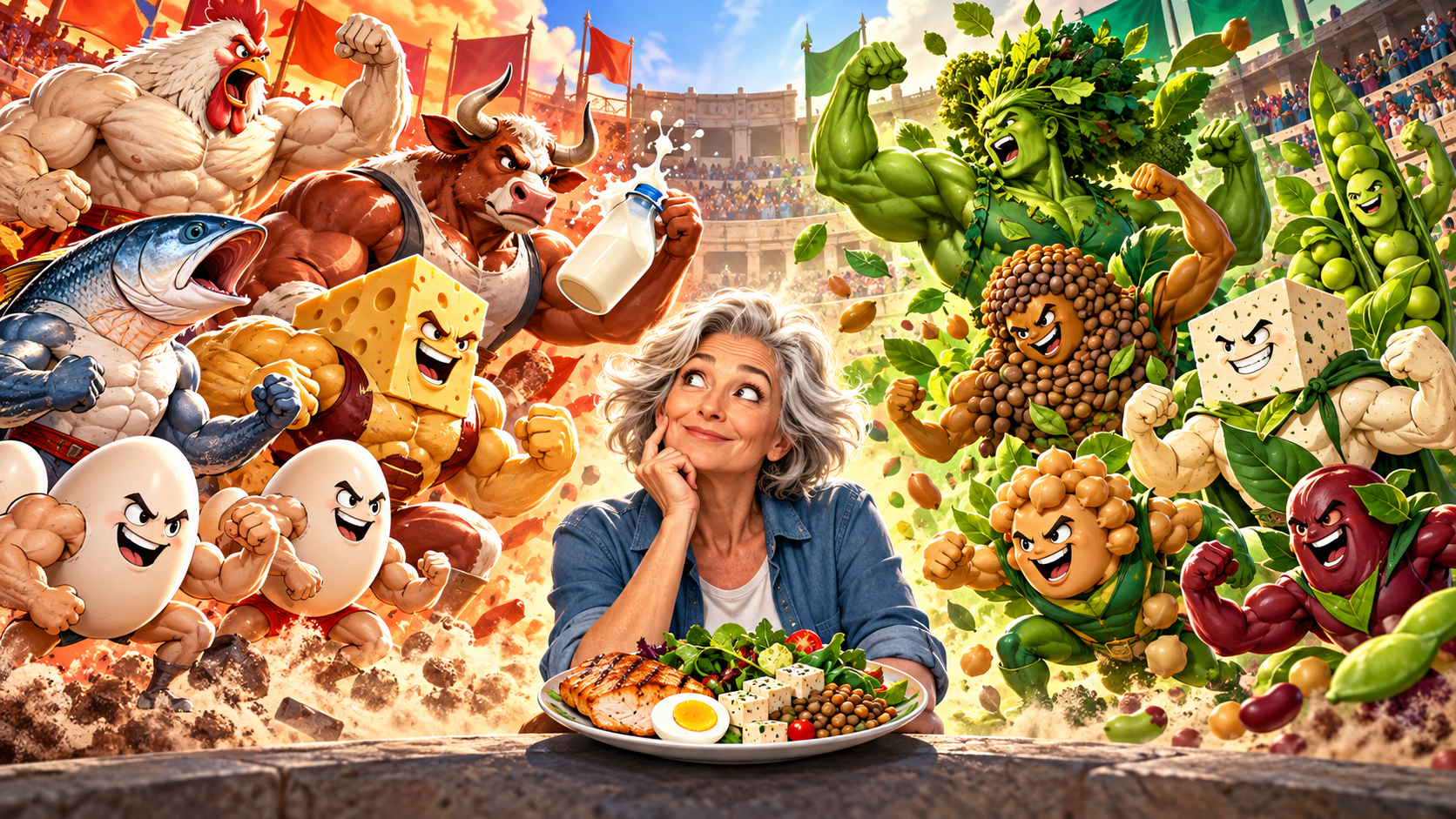 Une femme de plus de 50 ans observe un affrontement caricatural entre aliments protéinés d’origine animale et végétale.